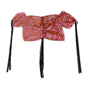 Jeuvre Floral Colorblock Cinched Puff Sleeve Crop Blouse (Red) Size Medium 